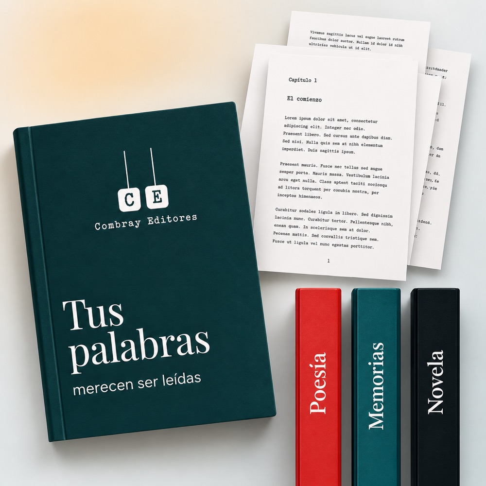 Libro de Combray Editores junto a manuscritos y libros de poesía, memorias y novela