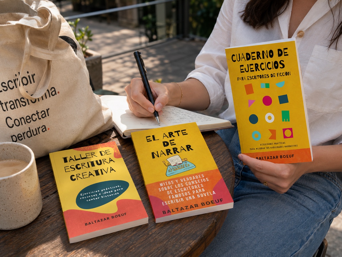 Persona escribiendo junto a los libros de escritura creativa del taller
